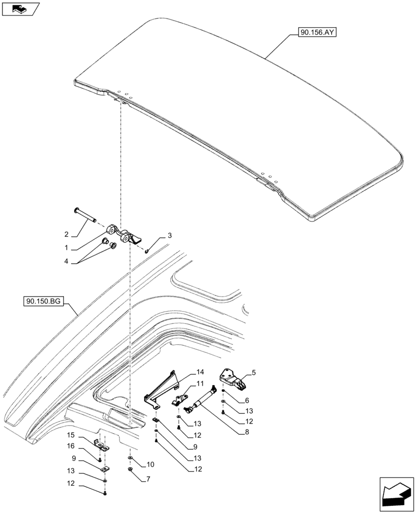 Схема запчастей Case IH FARMALL 85C - (90.150.BC[04B]) - VAR - 743496, 334179, 334180, 334183, 334185, 334211, 336606 - CAB ROOF, HATCH (HI-LO) - BEGIN YR 30-APR-2013 (90) - PLATFORM, CAB, BODYWORK AND DECALS