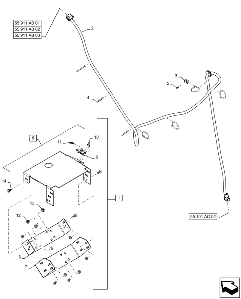 Схема запчастей Case IH 9240 - (55.911.AB[04]) - VAR - 425144 - MOUNT, GPS RECEIVER (55) - ELECTRICAL SYSTEMS