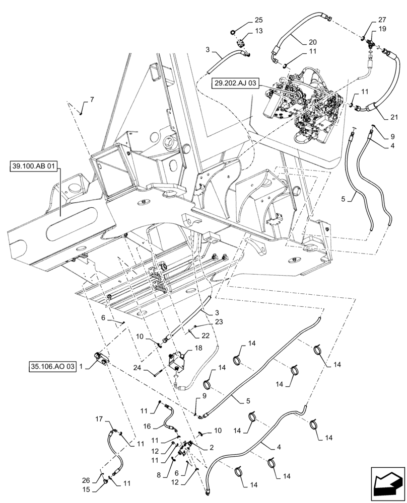 Схема запчастей Case IH PATRIOT 4440 - (35.106.AO[01]) - RETURN AND PRESSURE MANIFOLD LINES, BSN YGT044001 (35) - HYDRAULIC SYSTEMS