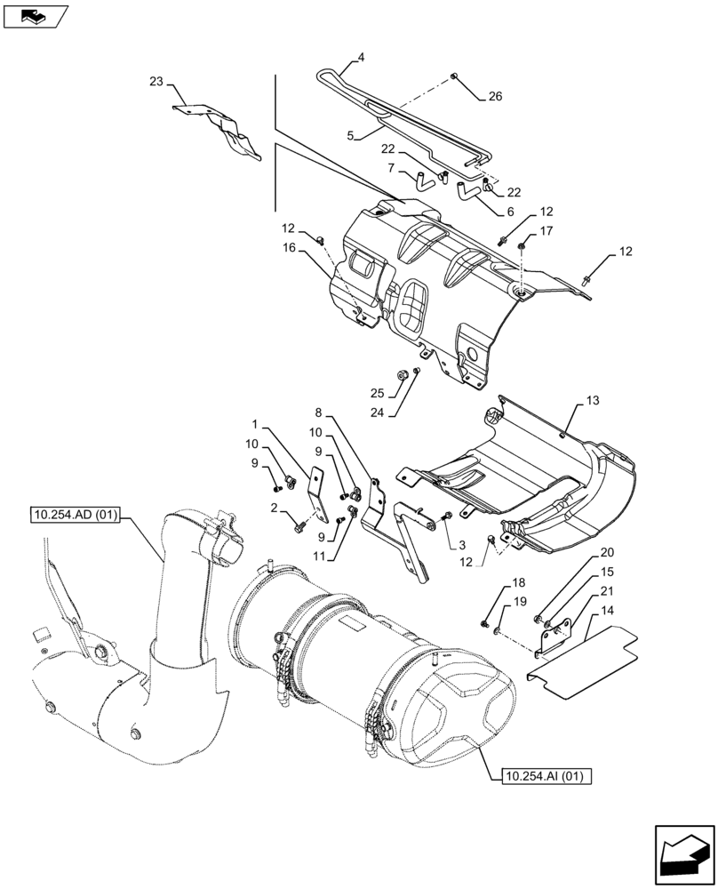 Схема запчастей Case IH FARMALL 115U - (10.254.AI[02]) - VAR - 336816, 390174 - MUFFLER, HEAT SHIELD (10) - ENGINE