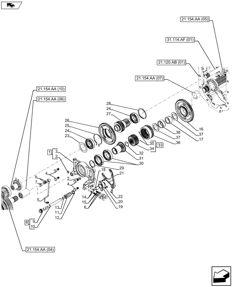 Схема запчастей Case IH FARMALL 105U - (21.154.AA[20]) - VAR - 334117 - REDUCTION UNIT CONTROL - HYDR. CREEPER (21) - TRANSMISSION