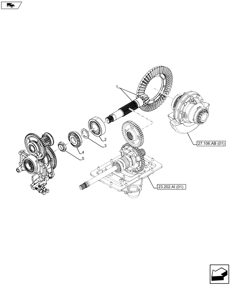 Схема запчастей Case IH FARMALL 105U - (21.154.AA[05]) - VAR - 334114, 390430 - CENTRAL REDUCTION GEAR - BEVEL SET (21) - TRANSMISSION