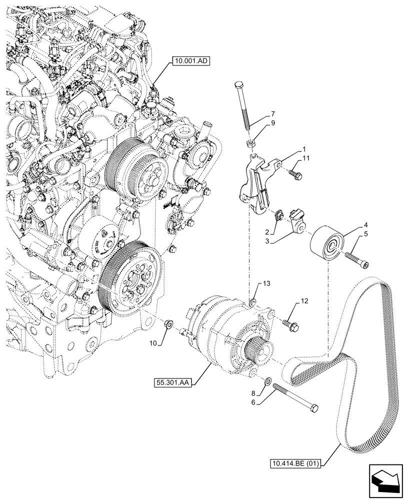 Схема запчастей Case IH FARMALL 110C - (55.301.AB[01]) - VAR - 336839 - ALTERNATOR, BRACKET (55) - ELECTRICAL SYSTEMS