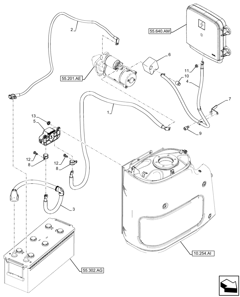 Схема запчастей Case IH FARMALL 120C - (55.201.AU[01]) - VAR - 336839 - BATTERY CABLES, STARTER MOTOR, CABLE (55) - ELECTRICAL SYSTEMS