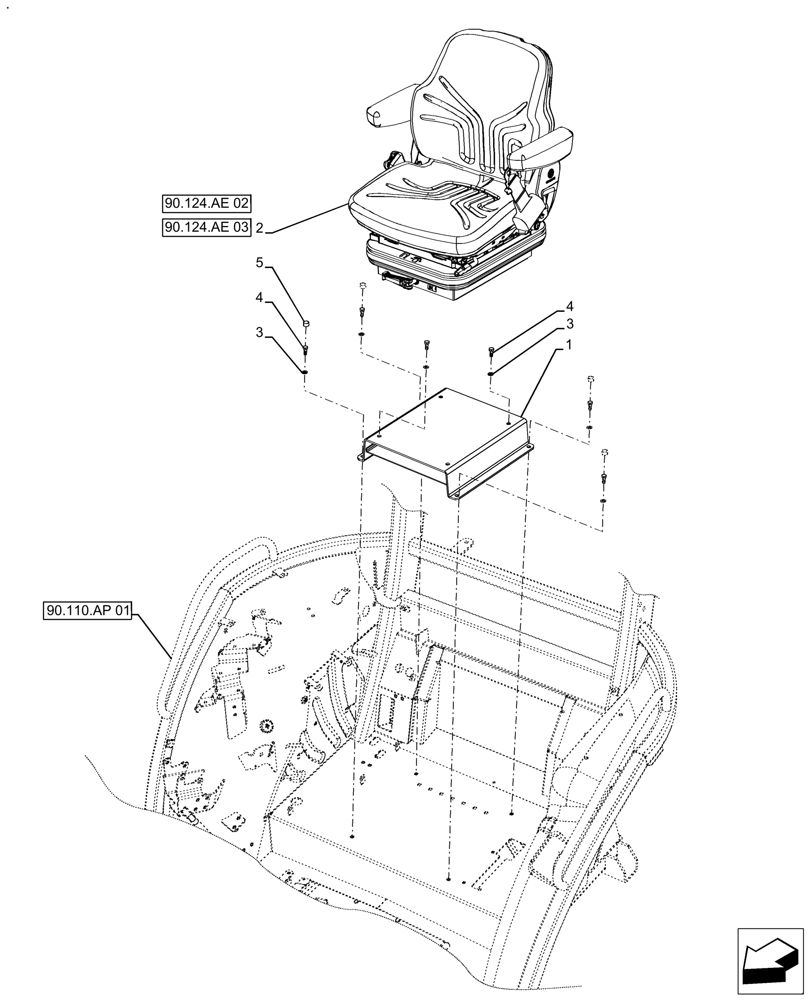 Схема запчастей Case IH FARMALL 110A - (90.124.AE[01]) - VAR - 391268 - DRIVER SEAT, W/O CAB (90) - PLATFORM, CAB, BODYWORK AND DECALS