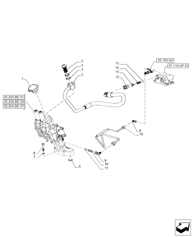 Схема запчастей Case IH FARMALL 110A - (35.204.BJ[01]) - VAR - 391267, 336107, 334195 - REMOTE CONTROL VALVE, HOSES (35) - HYDRAULIC SYSTEMS