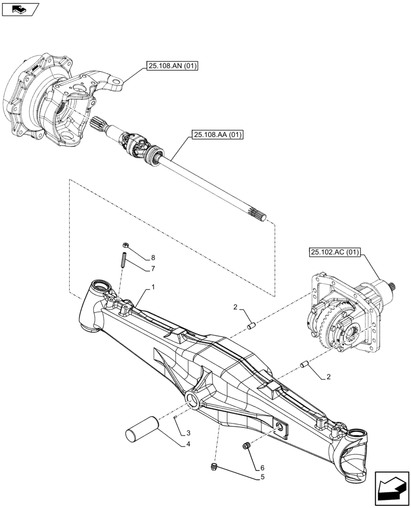 Схема запчастей Case IH FARMALL 105U - (25.100.AD[01]) - VAR - 390399 - AXLE HOUSING, 4WD, FRONT AXLE (25) - FRONT AXLE SYSTEM