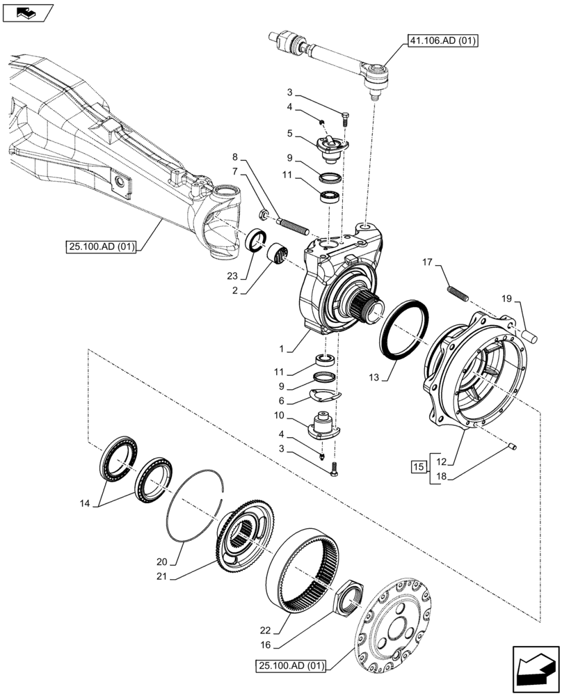 Схема запчастей Case IH FARMALL 115U - (25.108.AN[01]) - VAR - 390399 - STUB AXLE/STRG. SPINDLE, HUB, 4WD FRONT AXLE (25) - FRONT AXLE SYSTEM