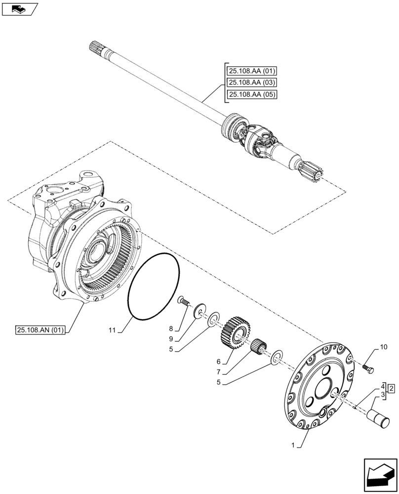 Схема запчастей Case IH FARMALL 105U - (25.108.AB[01]) - VAR - 390399 - IDLER PINION, SUPPORT, 4WD FRONT AXLE (25) - FRONT AXLE SYSTEM