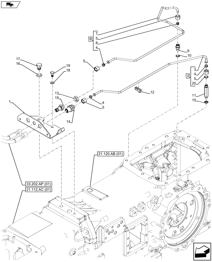 Схема запчастей Case IH FARMALL 115U - (33.202.AP[02]) - VAR - 333166, 390166 - BRAKES CONTROL PIPES - ADAPTER (33) - BRAKES & CONTROLS