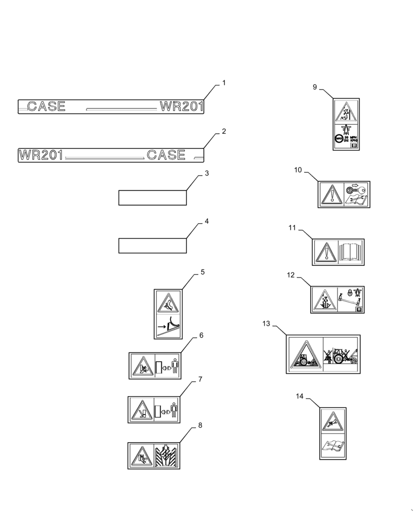 Схема запчастей Case IH WR201 - (90.108.AC) - CAUTION DECAL, MODEL IDENTIFICATION DECAL (90) - PLATFORM, CAB, BODYWORK AND DECALS