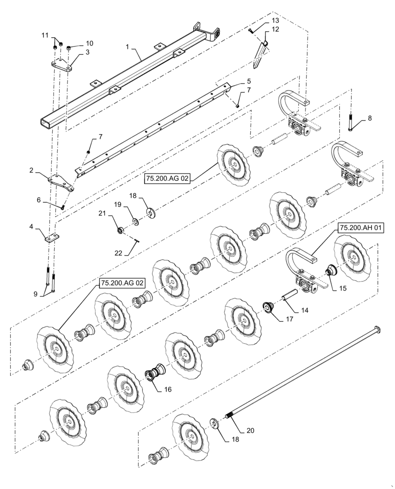 Схема запчастей Case IH TRUE-TANDEM 335 BARRACUDA - (75.200.AG[09]) - LEFT FRONT WING-CUSHION GANG WITH 7.5 IN. SPACING (75) - SOIL PREPARATION