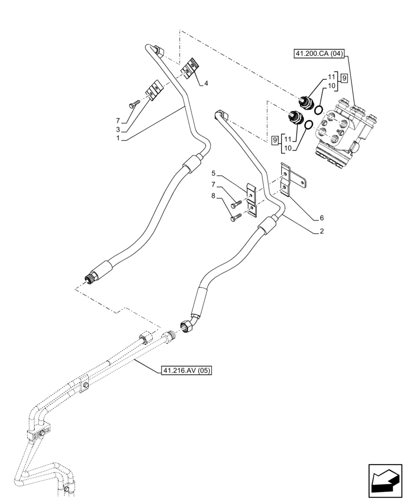 Схема запчастей Case IH FARMALL 120C - (41.216.AV[04]) - VAR - 337323, 390328, 743559, 743560, 744580, 744581, 744990 - HYDRAULIC STEERING, CYLINDER, LINE, POWERSHUTTLE, 4WD (41) - STEERING