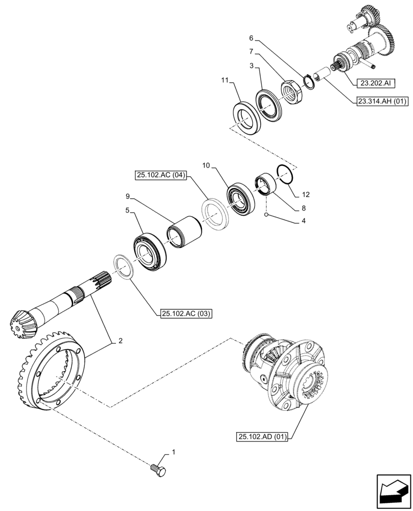 Схема запчастей Case IH FARMALL 120C - (25.102.AC[02]) - VAR - 390328, 743559, 744580, 744990 - FRONT AXLE, BEVEL GEAR, 4WD (25) - FRONT AXLE SYSTEM