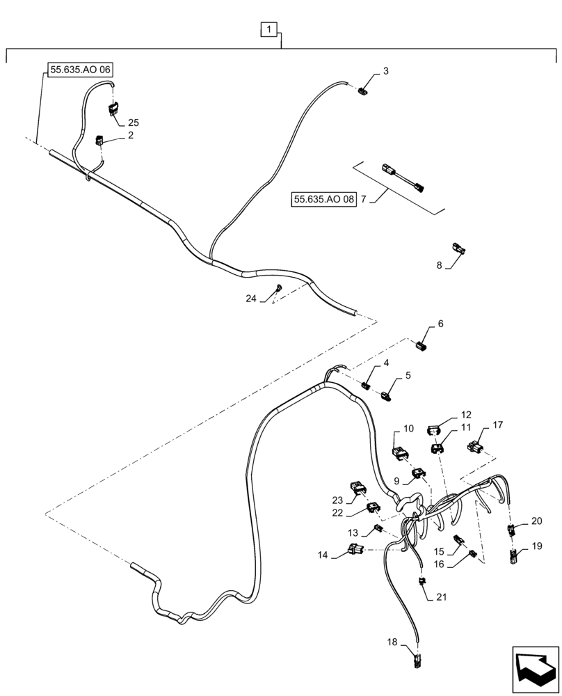 Схема запчастей Case IH PATRIOT 3340 - (55.635.AO[07]) - PRODUCT CONTROL FRAME HARNESS, REAR HALF, BSN YGT044001 (55) - ELECTRICAL SYSTEMS