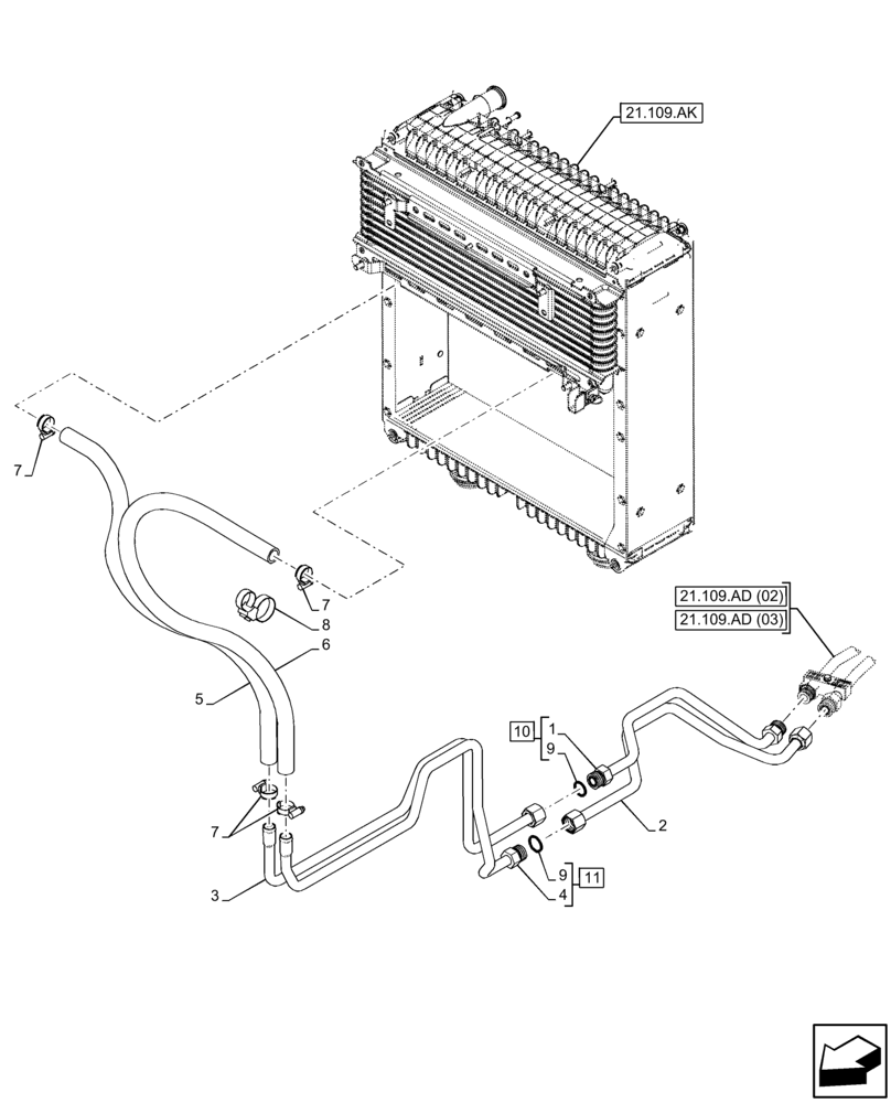 Схема запчастей Case IH FARMALL 110C - (21.109.AD[01]) - VAR - 743524 - TRANSMISSION OIL, COOLER, LINE, PIPE (21) - TRANSMISSION