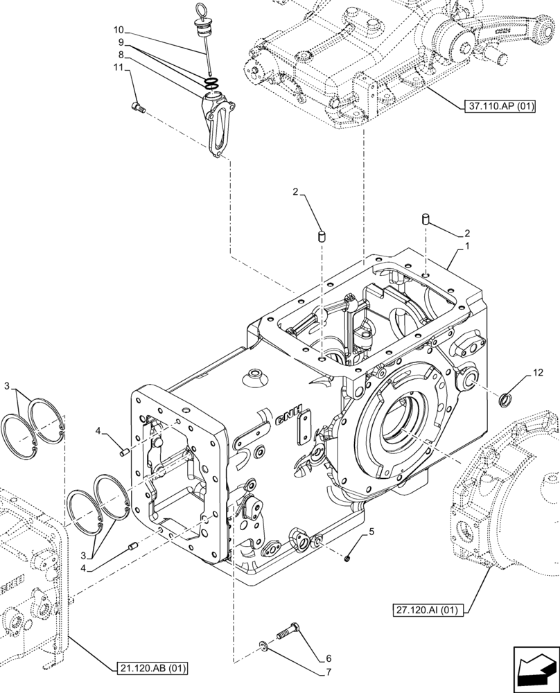 Схема запчастей Case IH FARMALL 120C - (21.118.AF[04]) - VAR - 744580, 744581, 744990 - TRANSMISSION, DRIVE, HOUSING, 4WD (21) - TRANSMISSION