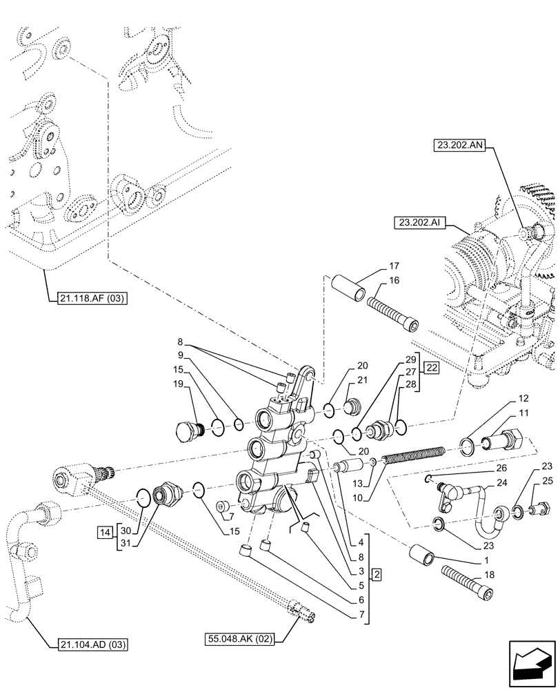 Схема запчастей Case IH FARMALL 110C - (31.104.AR[03]) - VAR - 744580, 744581, 744990 - PTO, CONTROL VALVE, 4WD (31) - IMPLEMENT POWER TAKE OFF