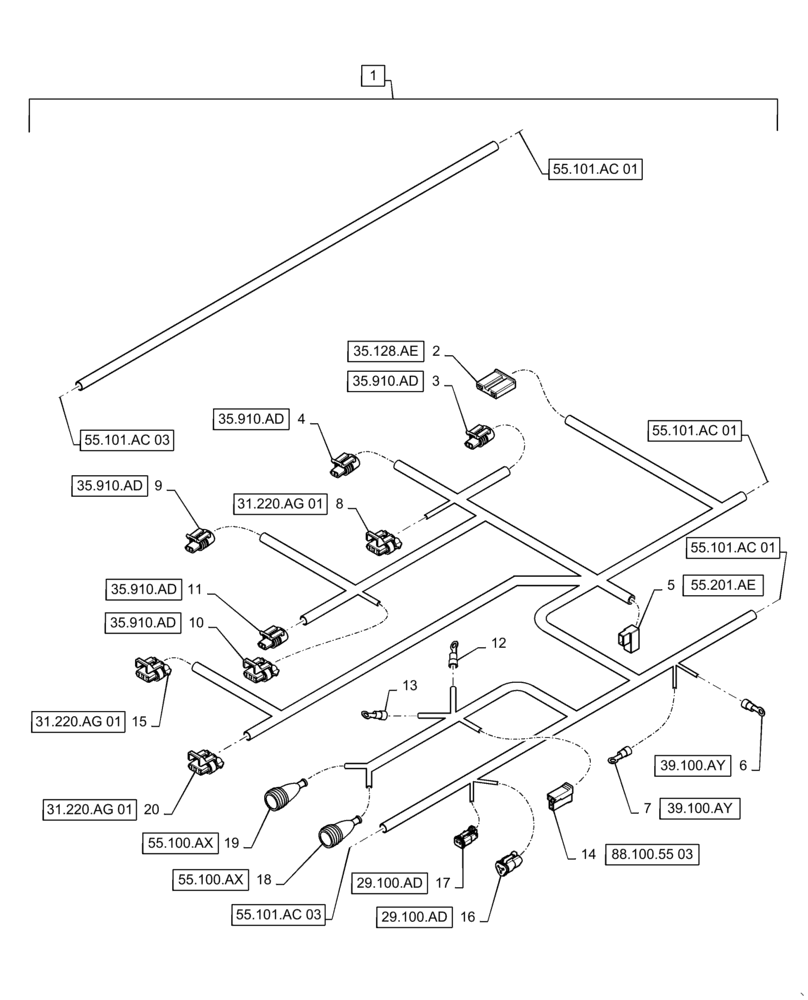 Схема запчастей Case IH WD2104 - (55.101.AC[02]) - WIRE HARNESS & CONNECTOR, DRAPER, FD6 (CONT.) (55) - ELECTRICAL SYSTEMS