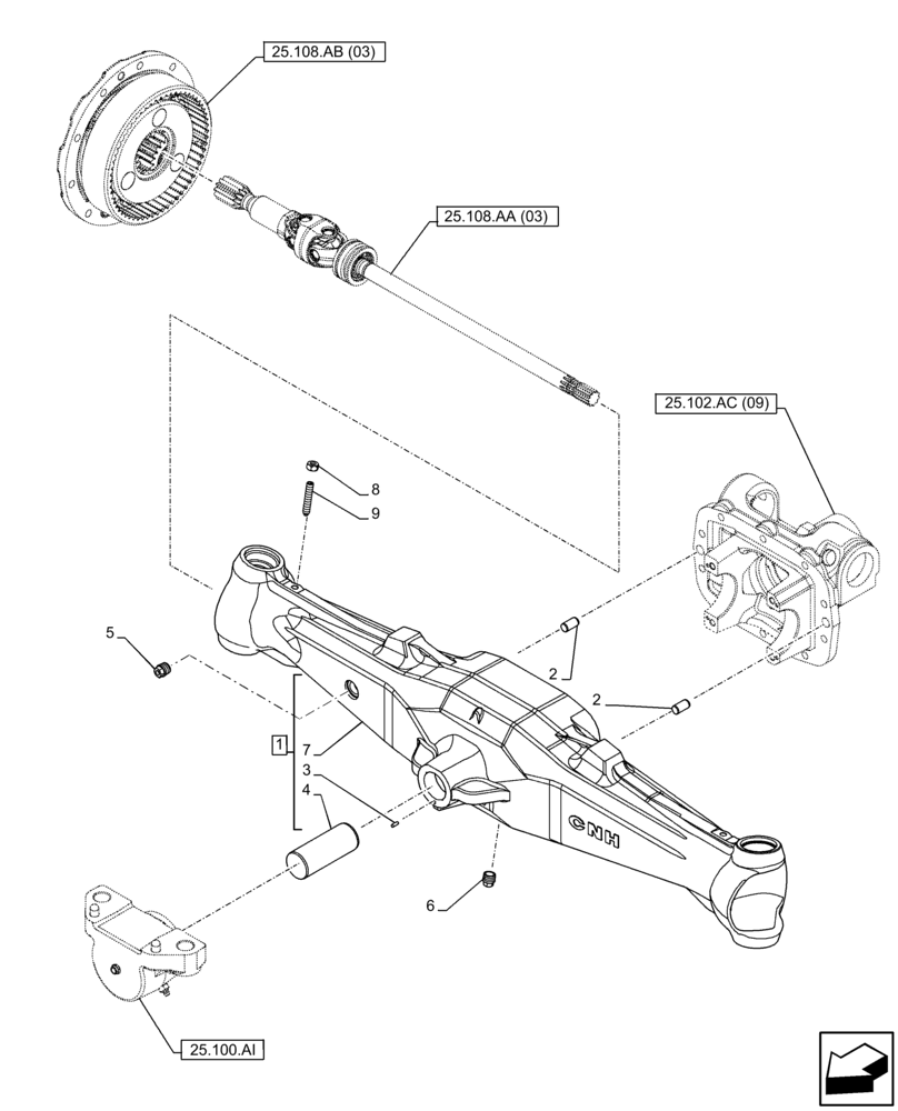 Схема запчастей Case IH FARMALL 110C - (25.100.AD[03]) - VAR - 743560 - FRONT AXLE, HOUSING, W/ MECHANICAL ENGAGEMENT, 4WD, HI-LO (25) - FRONT AXLE SYSTEM