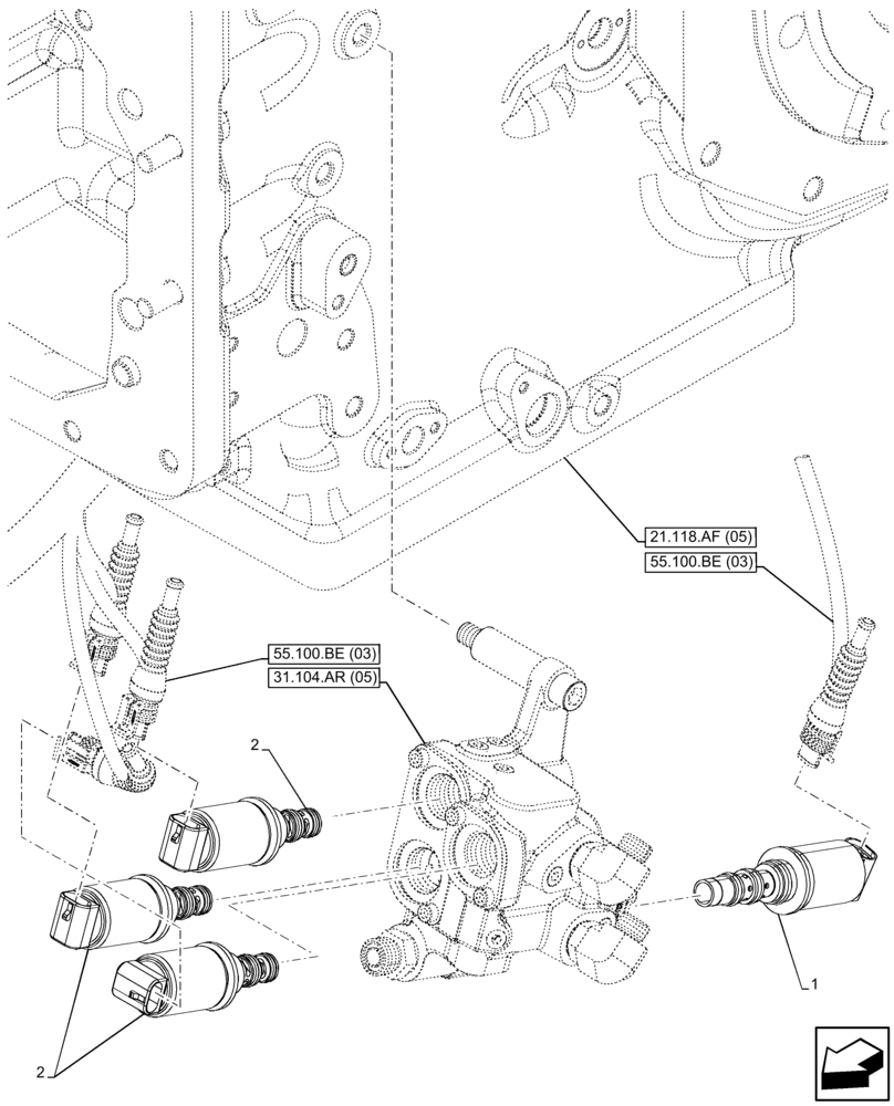 Схема запчастей Case IH FARMALL 100C - (55.048.AK[04]) - VAR - 337323, 743560 - PTO, CONTROL, SOLENOID, 4WD, HI-LO (55) - ELECTRICAL SYSTEMS