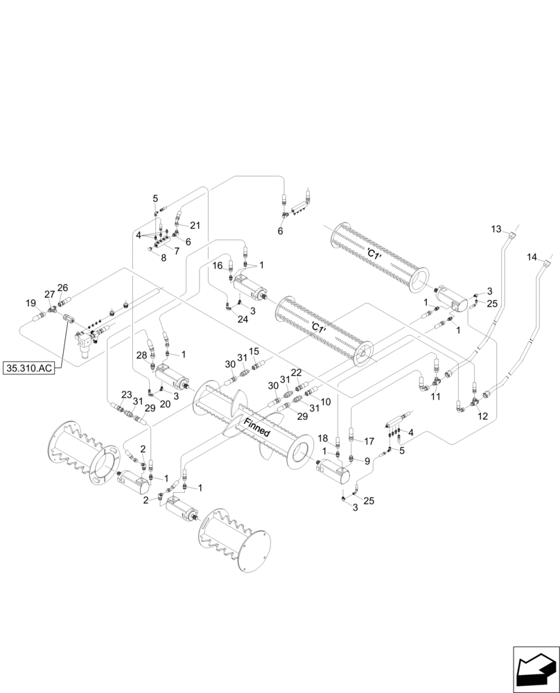 Схема запчастей Case IH A8800 - (35.000.AA[04]) - HYDRAULIC CIRCUIT (ADJUSTABLE PKD/FINNED/1ST & 2ND FLOATING ROLLERS) (35) - HYDRAULIC SYSTEMS