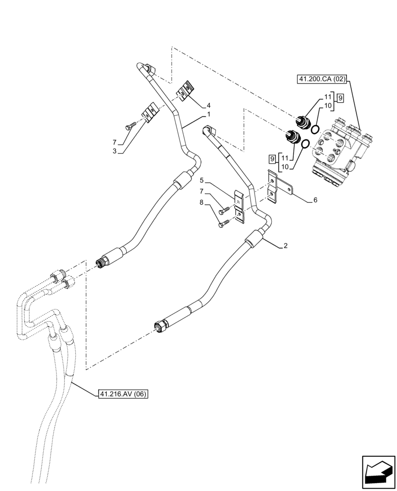 Схема запчастей Case IH FARMALL 100C - (41.216.AV[02]) - VAR - 330581 - HYDRAULIC STEERING, CYLINDER, LINE, SHUTTLE, 2WD (41) - STEERING