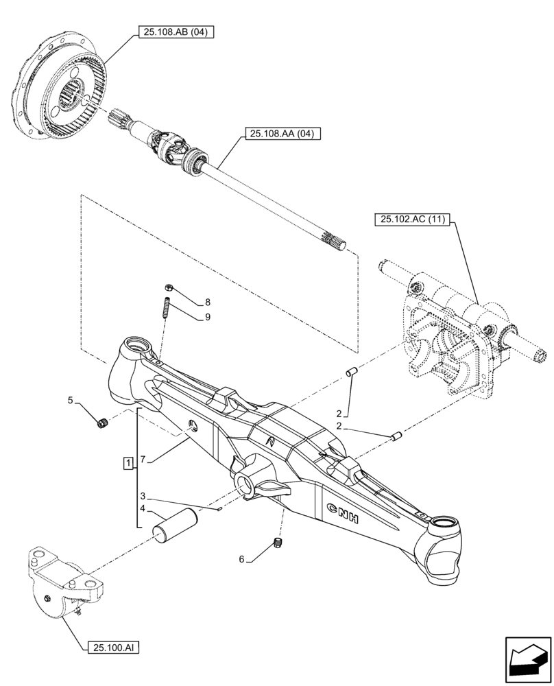 Схема запчастей Case IH FARMALL 120C - (25.100.AD[04]) - VAR - 337323 - FRONT AXLE, HOUSING, W/ MECHANICAL ENGAGEMENT, 4WD, HEAVY DUTY, HI-LO (25) - FRONT AXLE SYSTEM