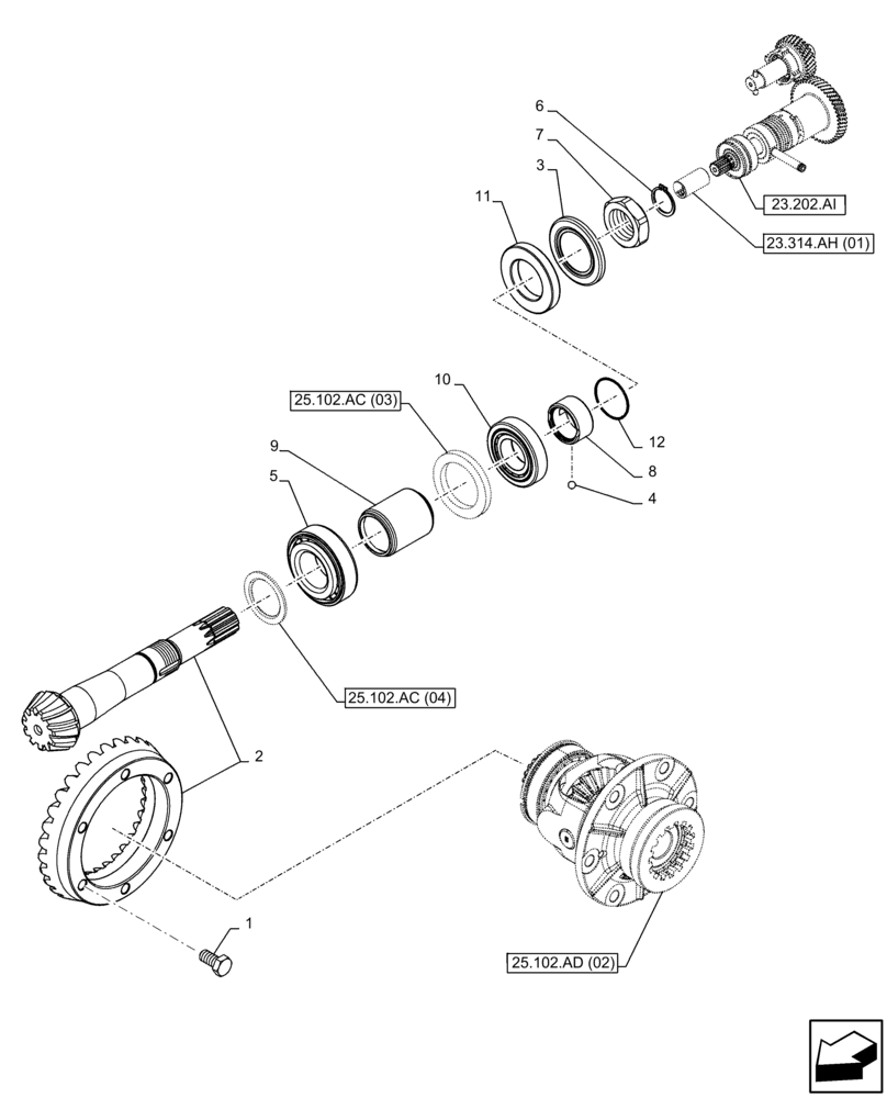 Схема запчастей Case IH FARMALL 110C - (25.102.AC[07]) - VAR - 337323 - FRONT AXLE, BEVEL GEAR, W/ ELECTROHYDRAULIC ENGAGEMENT, 4WD, HEAVY DUTY, HI-LO (25) - FRONT AXLE SYSTEM