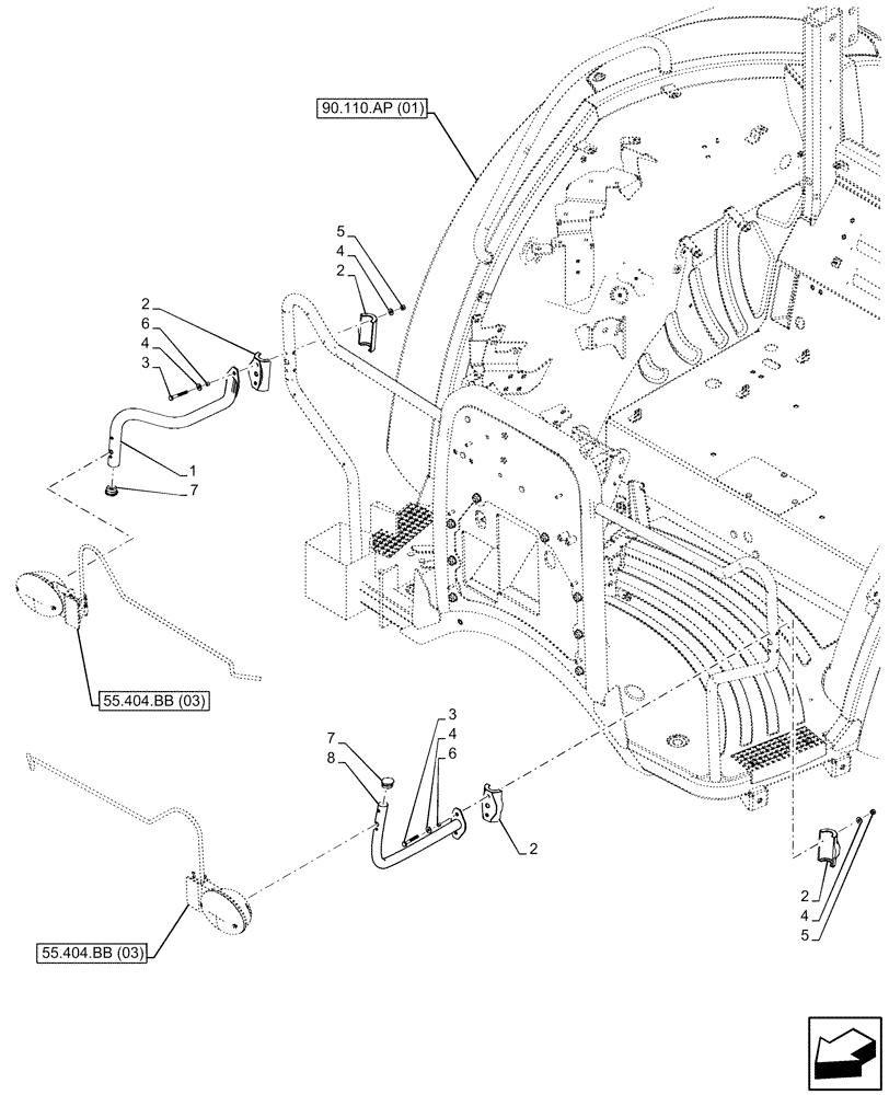 Схема запчастей Case IH FARMALL 120C - (55.404.BB[06]) - VAR - 743580, 743581 - INDICATOR LIGHT, SUPPORT, W/O CAB (55) - ELECTRICAL SYSTEMS