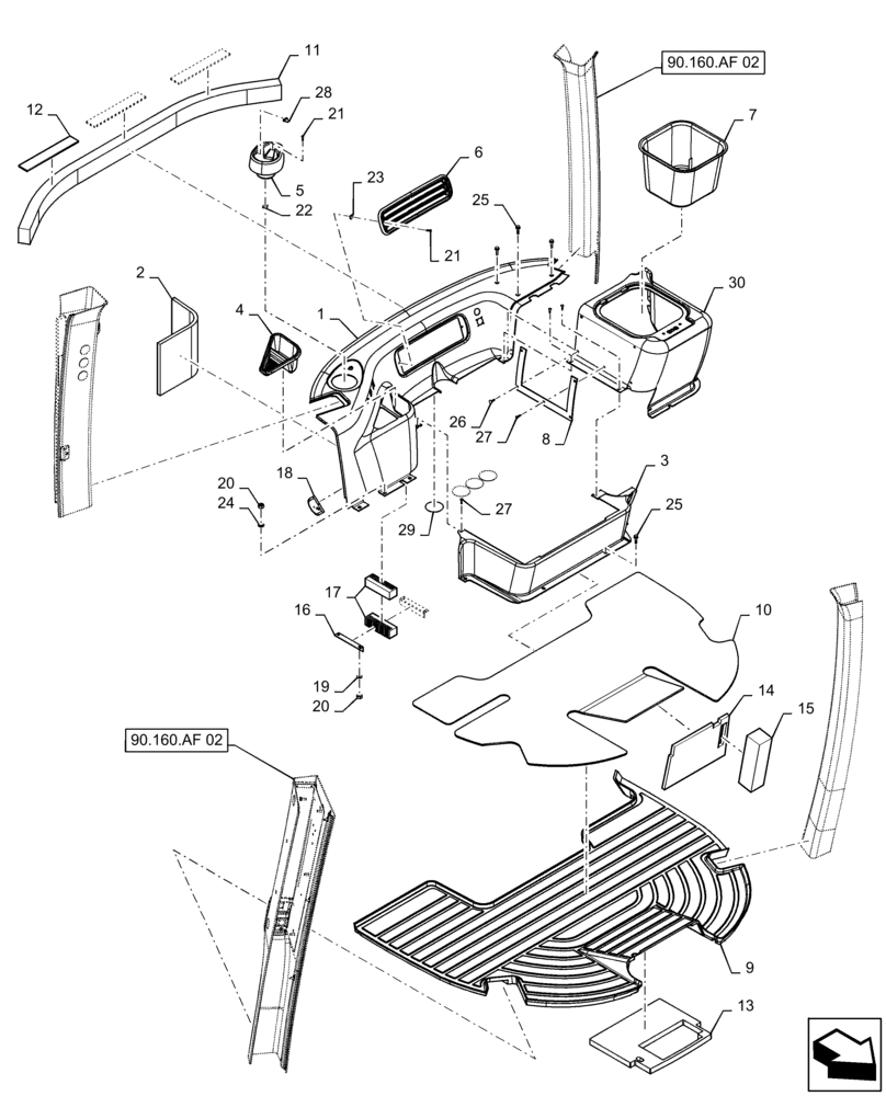 Схема запчастей Case IH TITAN 3040 - (90.160.AF[01]) - INTERIOR TRIM, BASE (90) - PLATFORM, CAB, BODYWORK AND DECALS