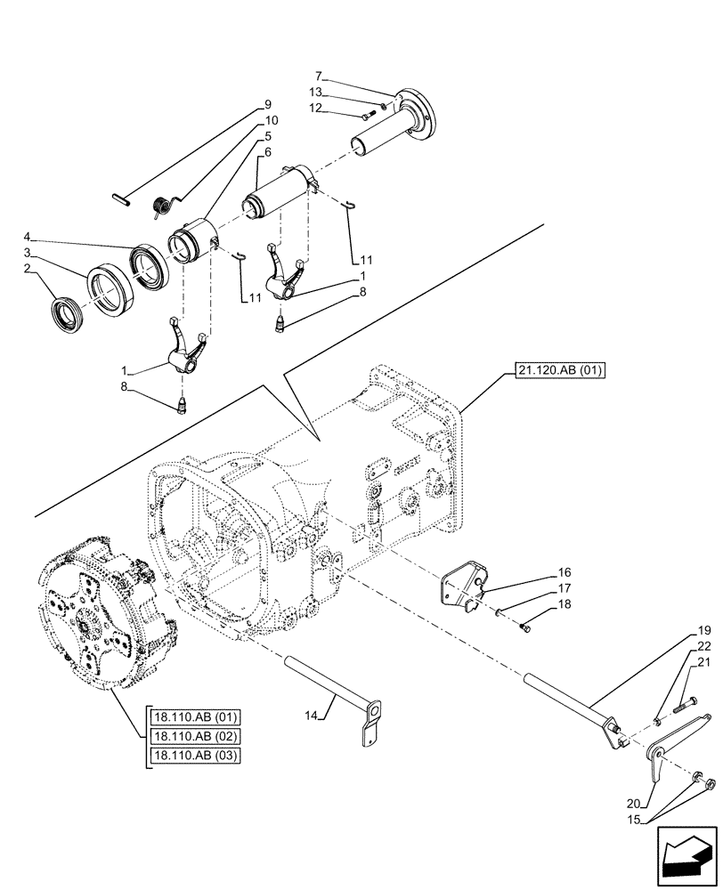 Схема запчастей Case IH FARMALL 90C - (18.100.AR[01]) - VAR - 336842, 390067, 743546, 744576 - PTO CLUTCH, THRUST BEARING, SLEEVE, (8X8) (12X12) (12X12 CREEPER) (24X24 ECO SPEED), W/O CAB (18) - CLUTCH