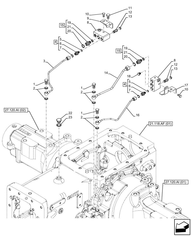 Схема запчастей Case IH FARMALL 120C - (33.202.AP[02]) - VAR - 330276, 334176, 334177, 336842, 336843, 336852, 336854, 390067, 390275, 743546, 744576 - BRAKE LINE (33) - BRAKES & CONTROLS