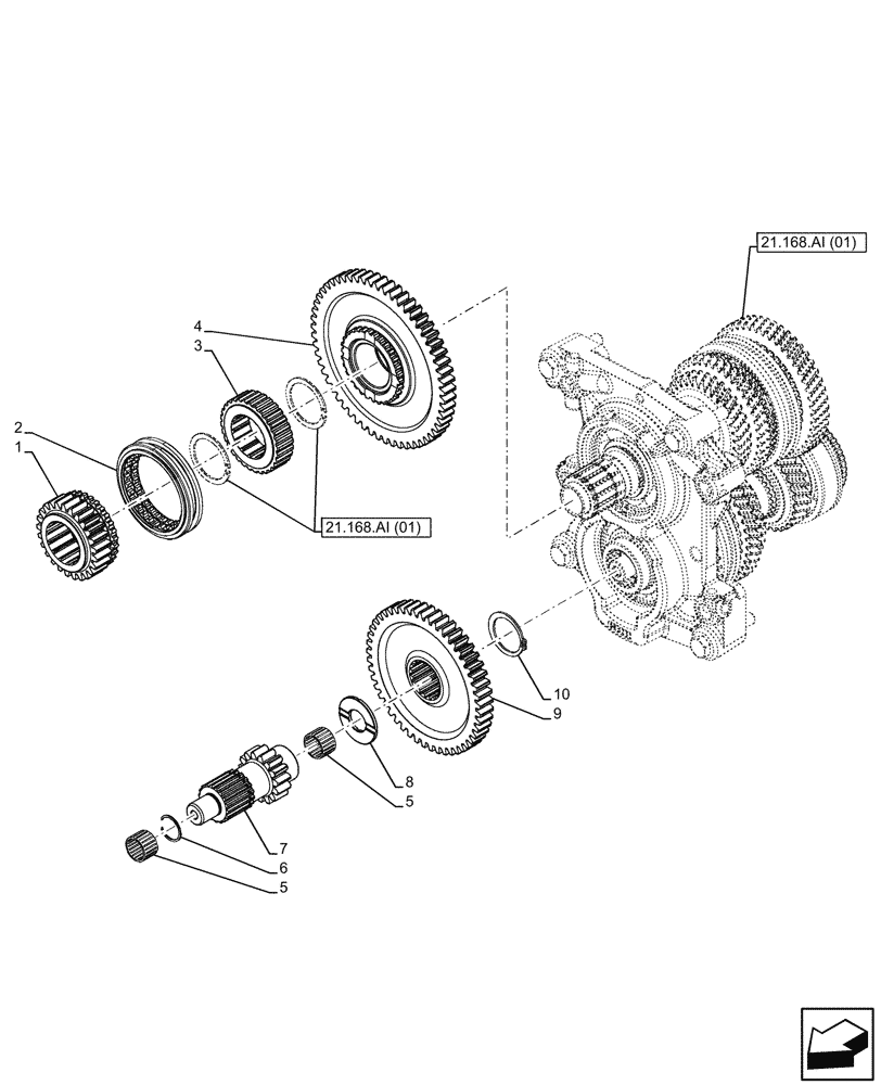 Схема запчастей Case IH FARMALL 100C - (21.168.AI[04]) - VAR - 334177 - TRANSMISSION, POWERSHUTTLE, GEARS & SHAFT, HI-LO (24X24 CREEPER) (21) - TRANSMISSION