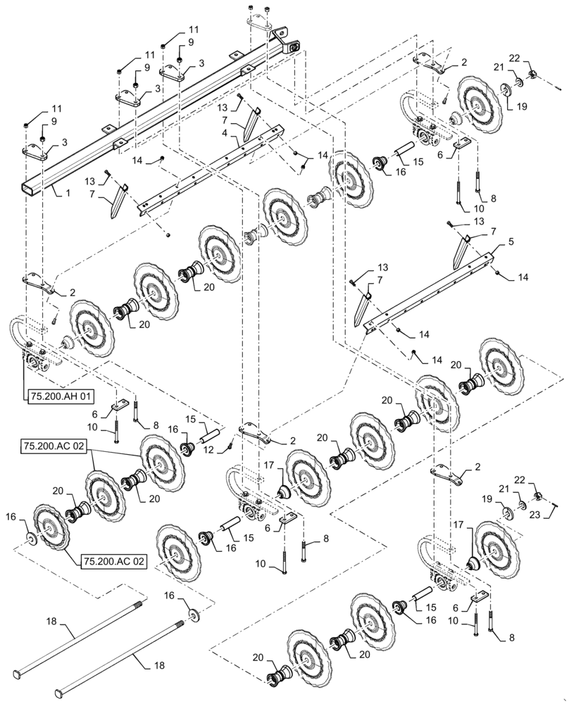 Схема запчастей Case IH TRUE-TANDEM 335 BARRACUDA - (75.200.AG[25]) - RIGHT REAR WING-CUSHION GANG WITH 7.5 IN. SPACING (75) - SOIL PREPARATION