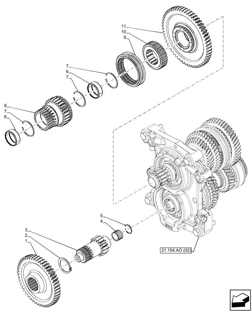 Схема запчастей Case IH FARMALL 110C - (21.154.AO[04]) - VAR - 334176 - TRANSMISSION, POWERSHUTTLE, GEARS & SHAFT (12X12 CREEPER) (21) - TRANSMISSION