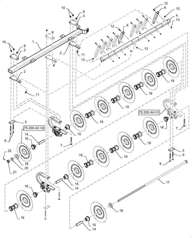 Схема запчастей Case IH TRUE-TANDEM 335 BARRACUDA - (75.200.AG[16]) - LEFT FRONT WING-CUSHION GANG WITH 7.5 IN. SPACING (75) - SOIL PREPARATION