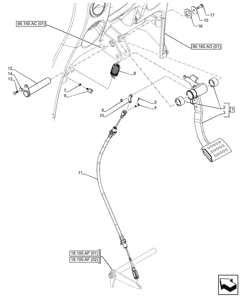Схема запчастей Case IH FARMALL 90C - (18.100.AF[01]) - VAR - 390067, 743546, 744576 - CLUTCH, PEDAL, FLEXIBLE CONTROL (8X8) (12X12) (12X12 CREEPER) (18) - CLUTCH
