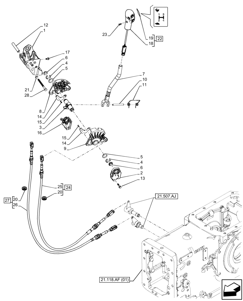 Схема запчастей Case IH FARMALL 100C - (21.134.AI[01]) - VAR - 330276, 334176 - TRANSMISSION, POWERSHUTTLE, CONTROL LEVER, GEARSHIFT (12X12) (12X12 CREEPER) (21) - TRANSMISSION