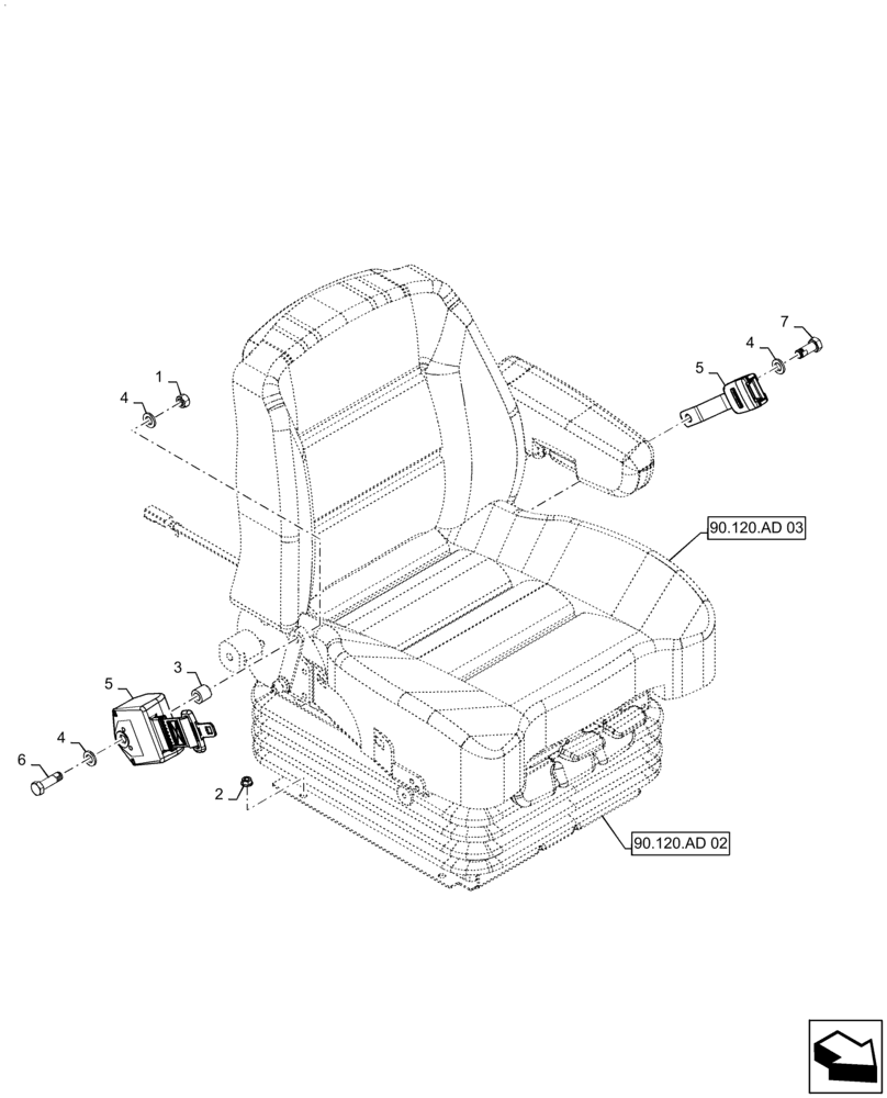 Схема запчастей Case IH TITAN 4540 - (90.120.AD[01]) - DELUXE CLOTH SEAT MOUNTING, NO HEAT (90) - PLATFORM, CAB, BODYWORK AND DECALS