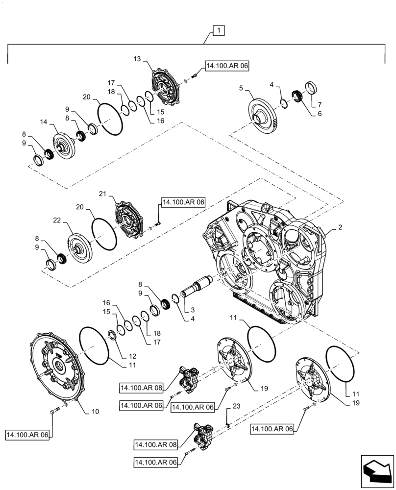 Схема запчастей Case IH 7240 - (14.100.AR[02]) - VAR - 425465, 425464, 425361, 425362 - PTO GEAR HOUSING (14) - MAIN GEARBOX & DRIVE