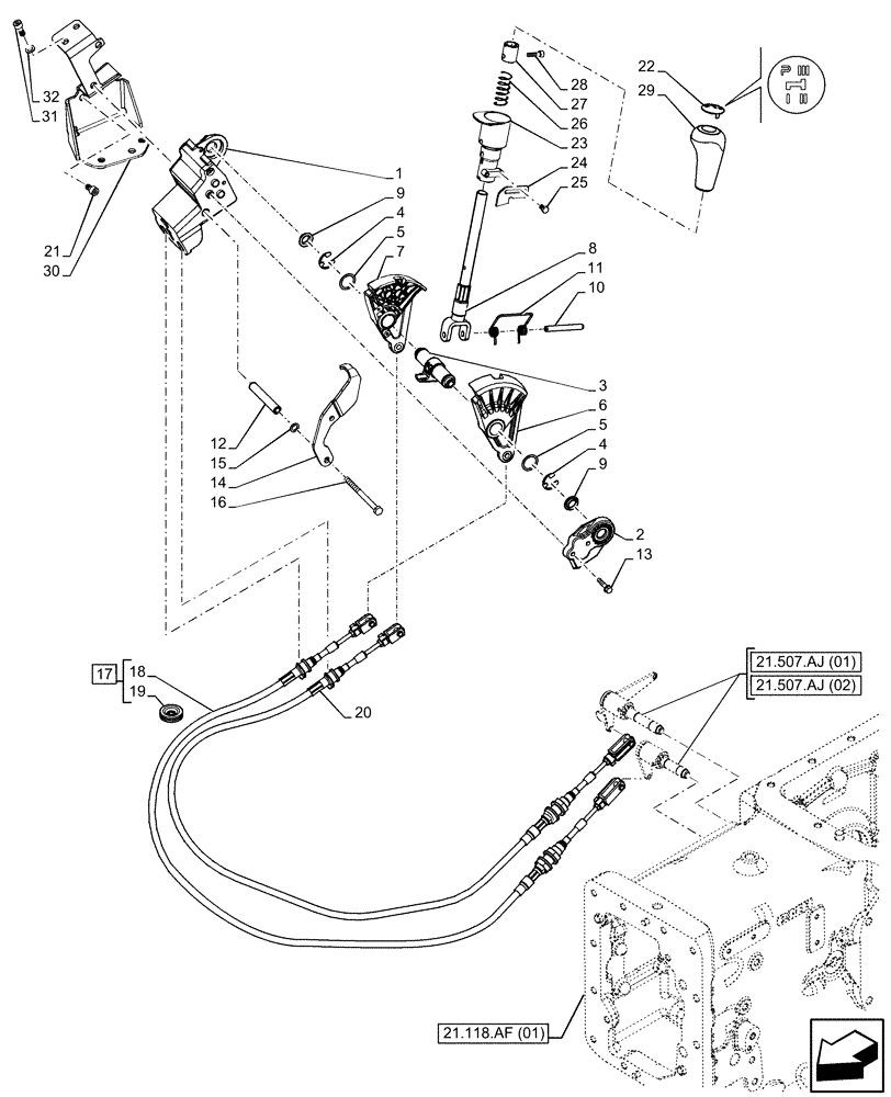 Схема запчастей Case IH FARMALL 110C - (21.134.AI[04A]) - VAR - 334177, 390275 - TRANSMISSION, POWERSHUTTLE, CONTROL LEVER, GEARSHIFT, HI-LO (24X24) - BEGIN YR 01-MAY-2015 (21) - TRANSMISSION