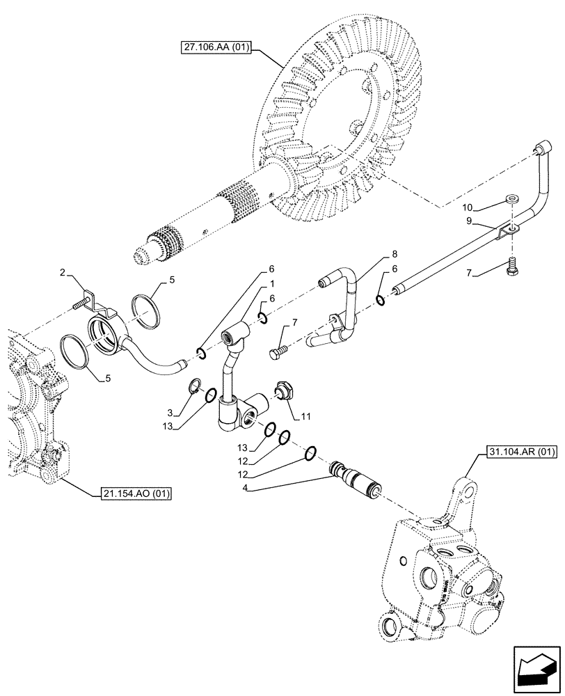 Схема запчастей Case IH FARMALL 120C - (21.100.AM[02]) - VAR - 330276, 334176, 334177, 390275 - TRANSMISSION LUBRICATION LINE, INTERNAL (12X12) (12X12 CREEPER) (24X24) (24X24 CREEPER) (21) - TRANSMISSION