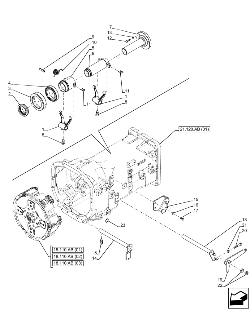 Схема запчастей Case IH FARMALL 110C - (18.100.AR[02]) - VAR - 336842, 390067, 743546, 744576 - PTO CLUTCH, THRUST BEARING, SLEEVE, (8X8) (12X12) (12X12 CREEPER) (24X24 ECO SPEED), CAB (18) - CLUTCH