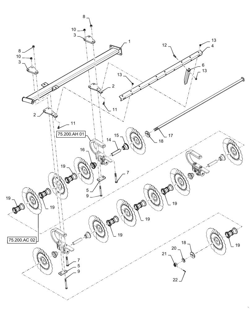 Схема запчастей Case IH TRUE-TANDEM 335 BARRACUDA - (75.200.AG[14]) - LEFT FRONT MAIN-CUSHION GANG WITH 7.5 IN. SPACING (75) - SOIL PREPARATION