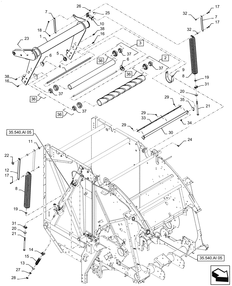 Схема запчастей Case IH RB465 - (62.140.AQ[04]) - VAR - 726813, 727097 - BALE TENSION TAKE UP ARM AND TWO SPRINGS WITH LOOP ROLL, SINGLE HYD. CYLINDER, YFN188618 AND PRIOR (62) - PRESSING - BALE FORMATION