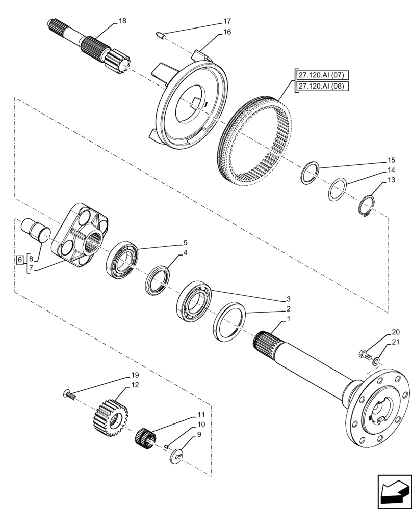 Схема запчастей Case IH FARMALL 120C - (27.120.AF[06]) - VAR - 333411 - REAR AXLE, FINAL DRIVE, SHAFT, PLANETARY GEAR, HEAVY DUTY, 4WD, HI-LO (27) - REAR AXLE SYSTEM