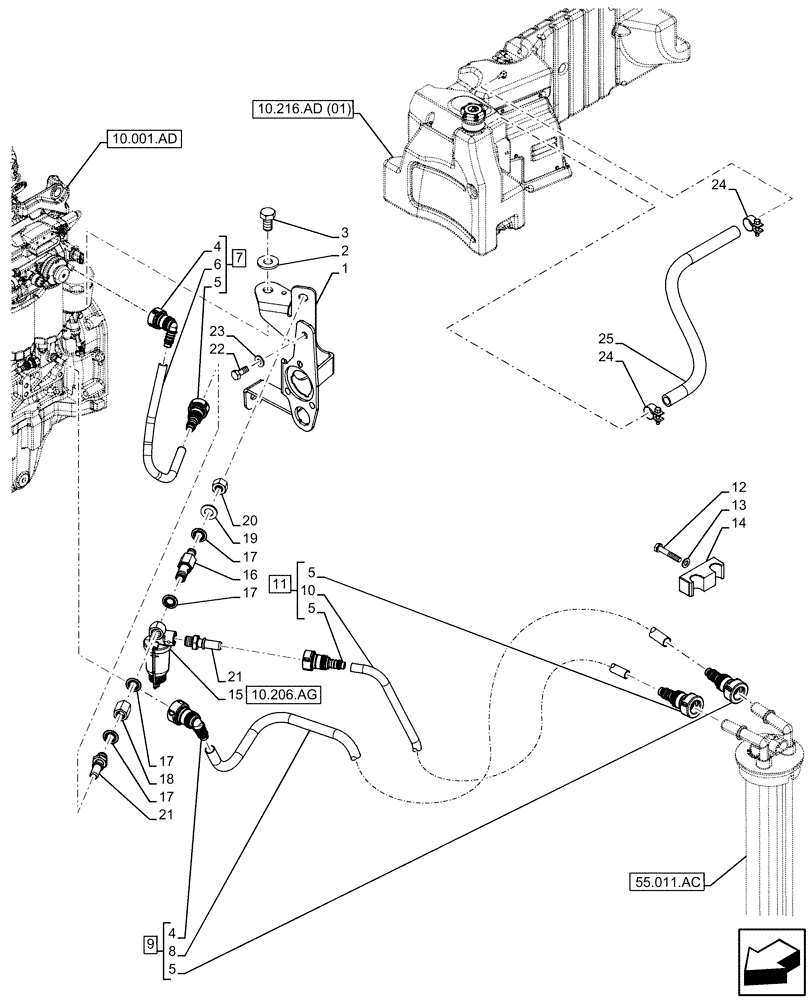 Схема запчастей Case IH FARMALL 100C - (10.216.BA) - VAR - 743543, 744574 - FUEL TANK, LINE (10) - ENGINE