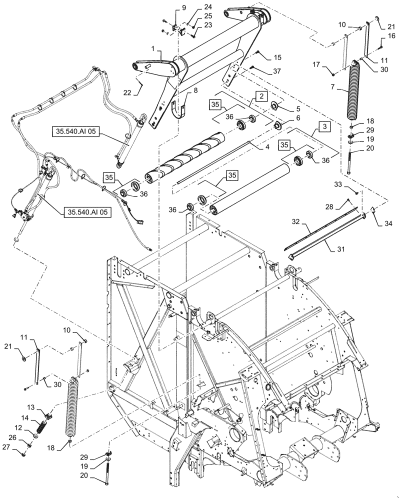 Схема запчастей Case IH RB465 - (62.140.AQ[05]) - VAR - 726815, 727098 - BALE TENSION TAKE UP ARM AND TWO SPRINGS WITH LOOP ROLL, DUAL HYD. CYLINDERS, YFN188618 AND PRIOR (62) - PRESSING - BALE FORMATION