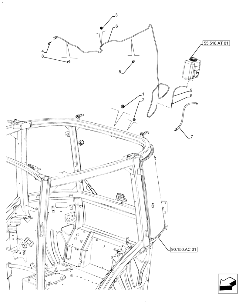 Схема запчастей Case IH FARMALL 130A - (55.518.AP[01]) - VAR - 390642 - WINDSHIELD WASH RESERVOIR, HOSE, CAB (55) - ELECTRICAL SYSTEMS